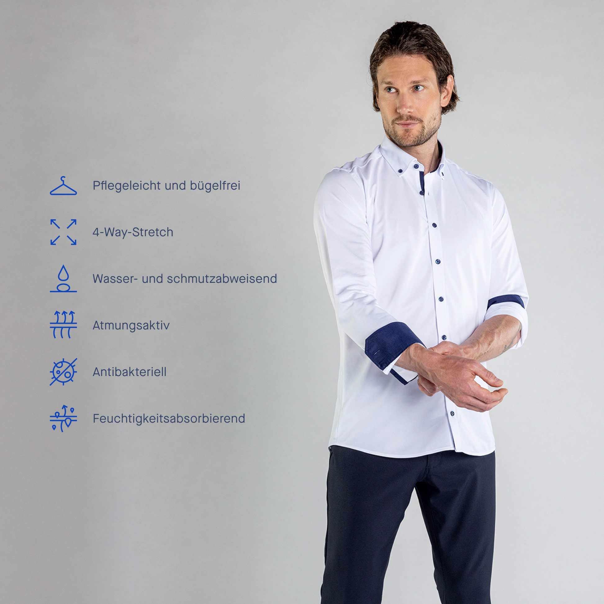 Performance Hemd Button-Down Weiss/Marine - Noser Fashion AG